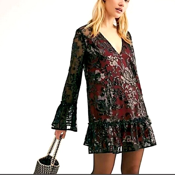 Free People Falling Flowers Sequin Bell Sleeve Frock Mini Dress Embellis… - Picture 3 of 8